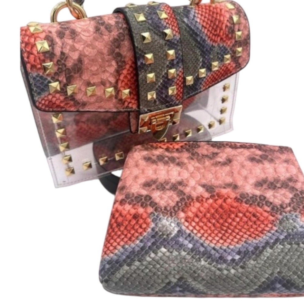 NWOT Studded Snakeskin Women's Bag + Pouch Set - Picture 7 of 16